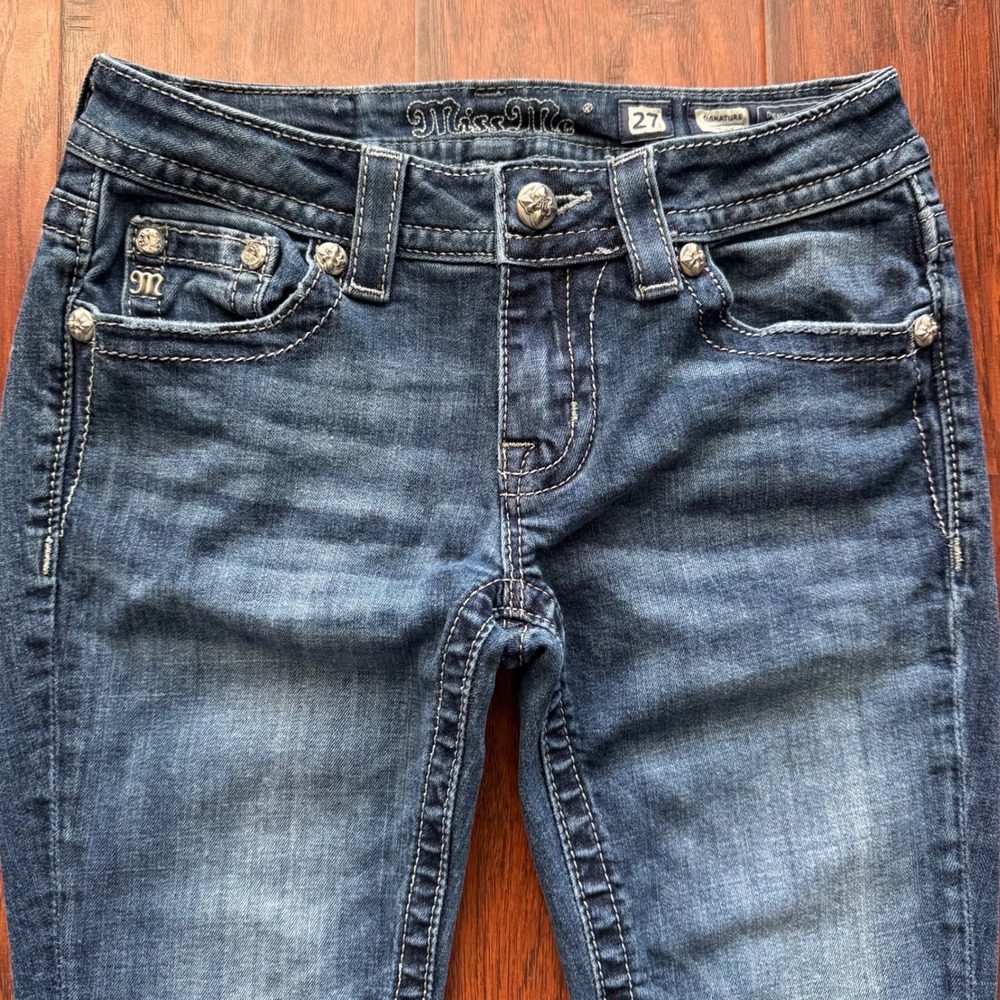 Miss Me Signature Bootcut Jeans Womens 27 Sequin Studded Rhinestone Y2K Low Rise - Picture 3 of 16